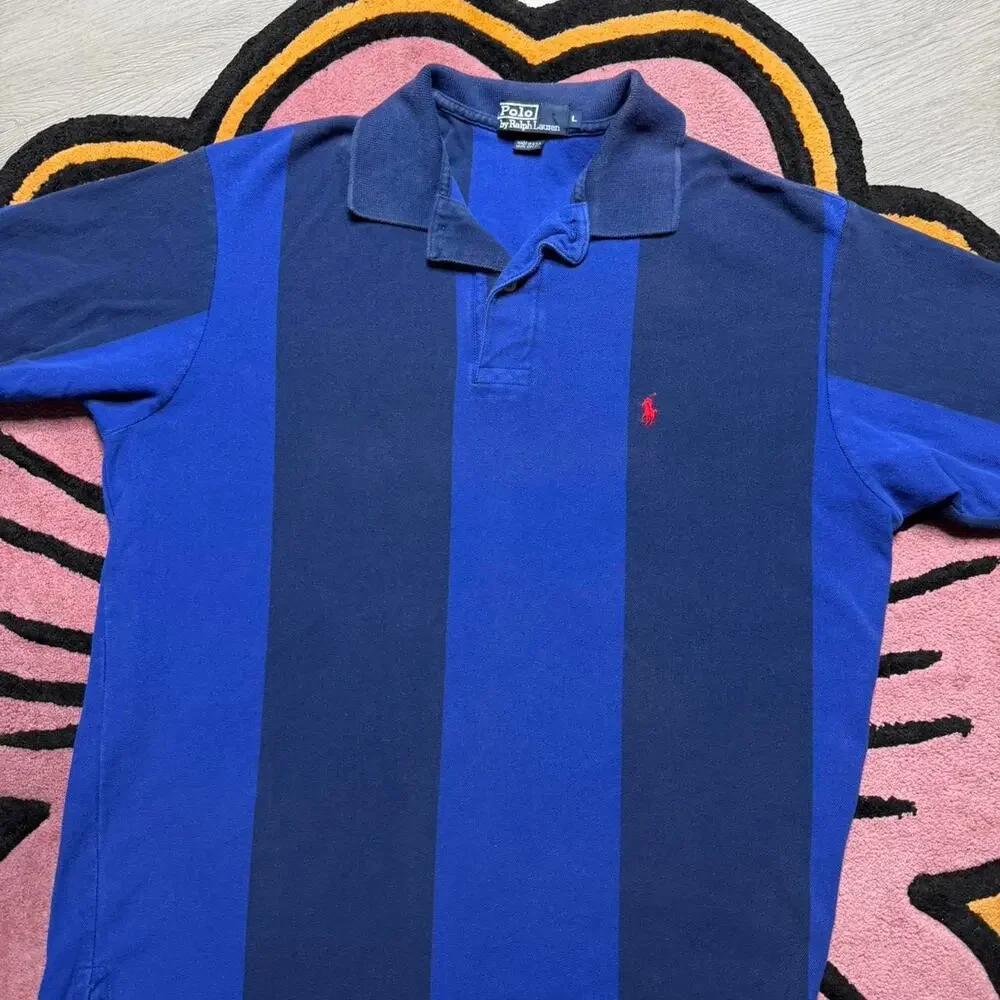 Vintage 90’s Polo Ralph Lauren Striped Embroidered Logo Polo Shirt Size XL Blue